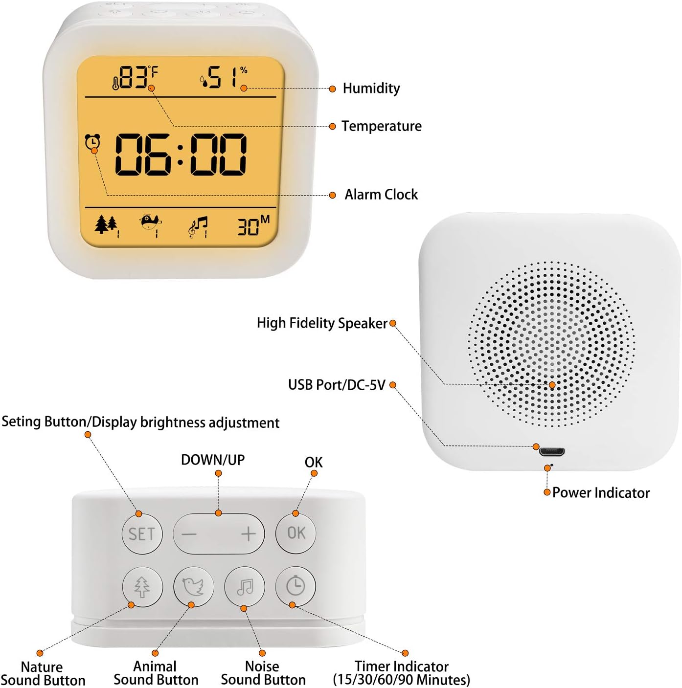White Noise Machine Portable Sound Therapy Machine with Baby Night Light for Sleeping, Timer & Memory Features 27 Soothing Nature Sleep Sound Noise, Alarm Clock (Military Time) for Home, Office,Travel: Health & Personal Care