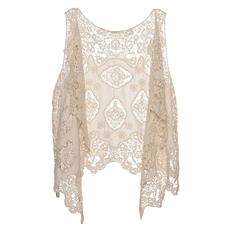 Damen Weste Cardigan Hippie Gilet Häkeln Hohl Spitze Irregular Boho Ärmellos Bluse Top Cardigan Kurz Sommer