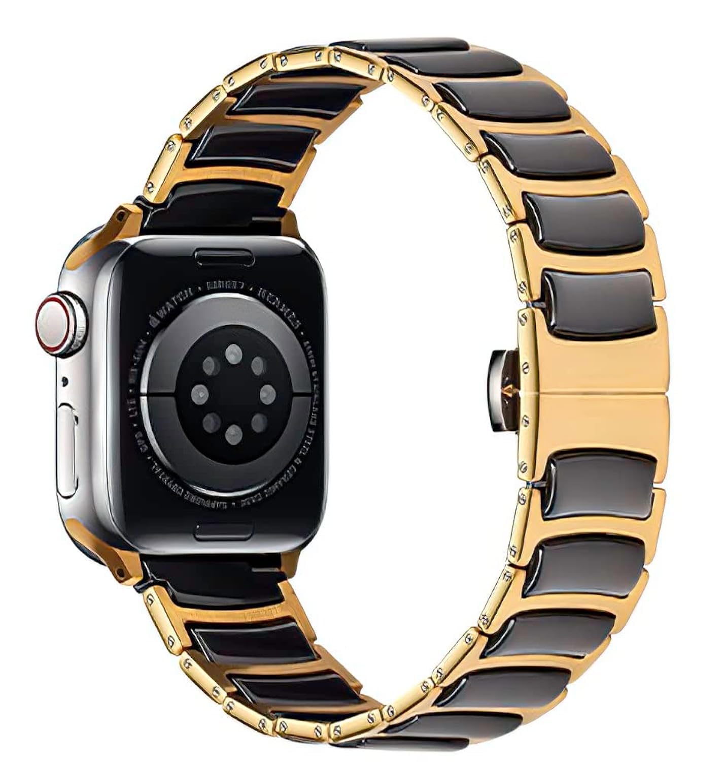 MaKTech Ceramic Band,Thin Stainless Steel Inlaid Ceramic Link Bracelet Strap,for Apple Watch Series 11/10/9/8/7,Ultra 3/2/1,SE 3/2/1 [2025] (46mm/45mm/44mm/49mm,Gold/Black)