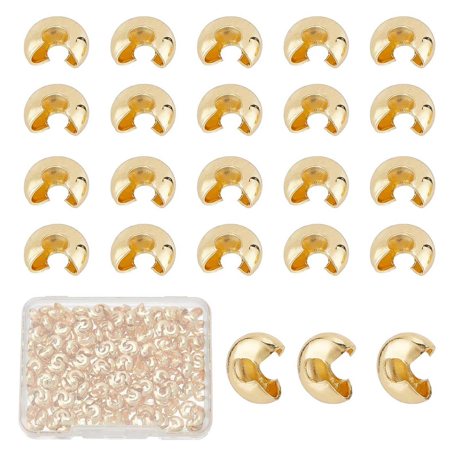 NICENEEDED 200 Pcs Crimp Bead Knot Covers, Half Round Open Crimp Beads Covers, 18K Gold Plated Knot Cover Cap Cord End Tip Brass Crimp Bead Stopper for DIY Jewelry Craft Making