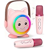 Mini Karaoke Machine Toy for Kids, Portable Karaoke Machine with 2 Wireless Microphone for 4,5,6,7,8,9,10,11,12+ Years Old Christmas Birthday Gifts Girls Boys (Pink)