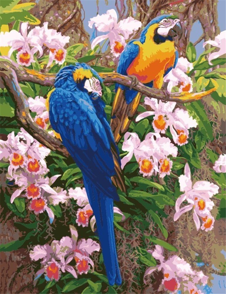 YEESAM ART Paint by Numbers for Adults Parrot Birds Flowers Tree 16x20 inch DIY Painting Kits for Home Wall Decor