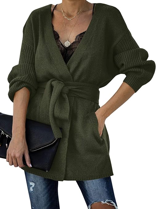 Auburet Womens Wrap Tie Waist Cardigan Sweater Lightweight Oversized