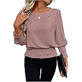 Verdusa Women's Heart Print Crew Neck 3/4 Sleeve Shirred Dressy Blouse Shirts