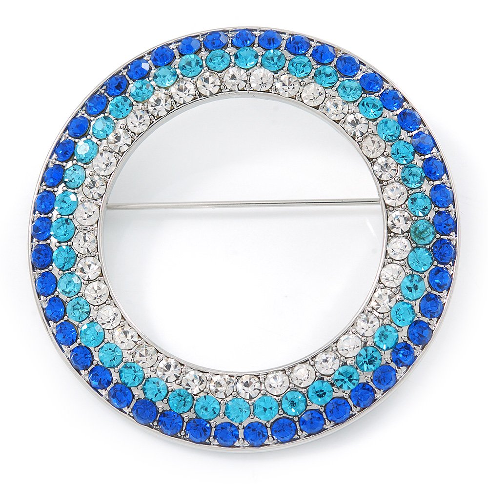 Blue/Aqua/Clear Austrian Crystal Open Cut Eternity Circle of Love Brooch In Rhodium Plating - 50mm