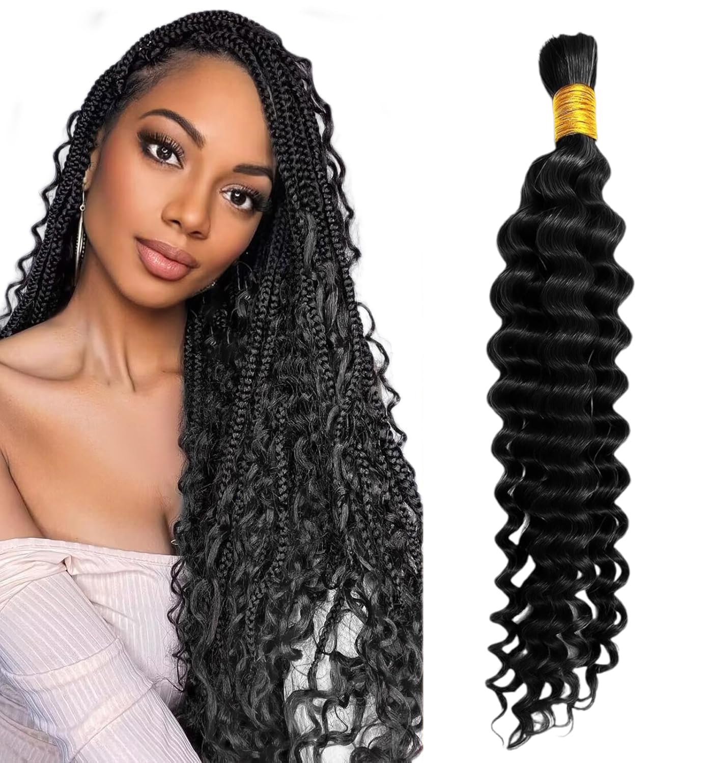 Human Braiding Hair for Boho Braids Hair 50g/1 Bundle Deep Wave Bulk for Braiding No Weft 100% Unprocessed Brazilian Virgin Human Hair Extensions Bohemian Knotless Braids Natural Color (24 inch/50g) — image 1