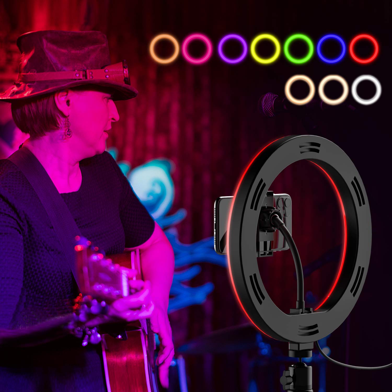 Yesker RGB Ring Light 10 Inch LED Ringlight with Brightness Dimmable 10 RGB Colors with Desktop Tripod Stand and Cell Phone Holder for Video Recording, Makeup, Zoom, Live Stream, Photography