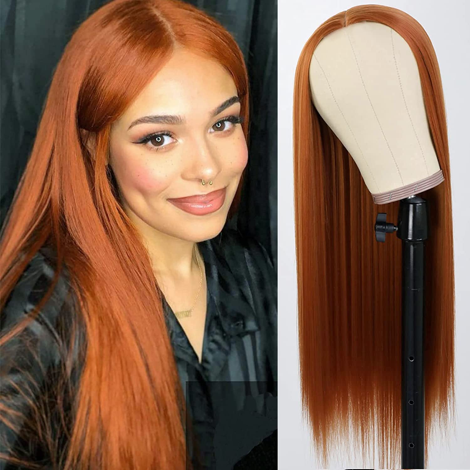 PORSMEER Long Auburn Wigs for Women Girls Natural Silky Straight Synthetic Hair Ginger Wig Heat Resistant Fibers Copper Red Wig for Cosplay or Daily Wear