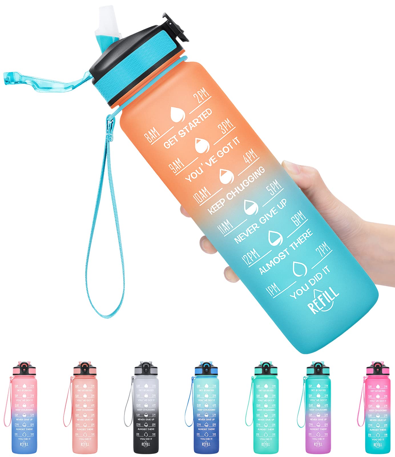 MEITAGIE Water Bottle with Straw - Large 1 Litre BPA Free Sport Water Bottle with Time Markings -Leak Proof Gym with Filter