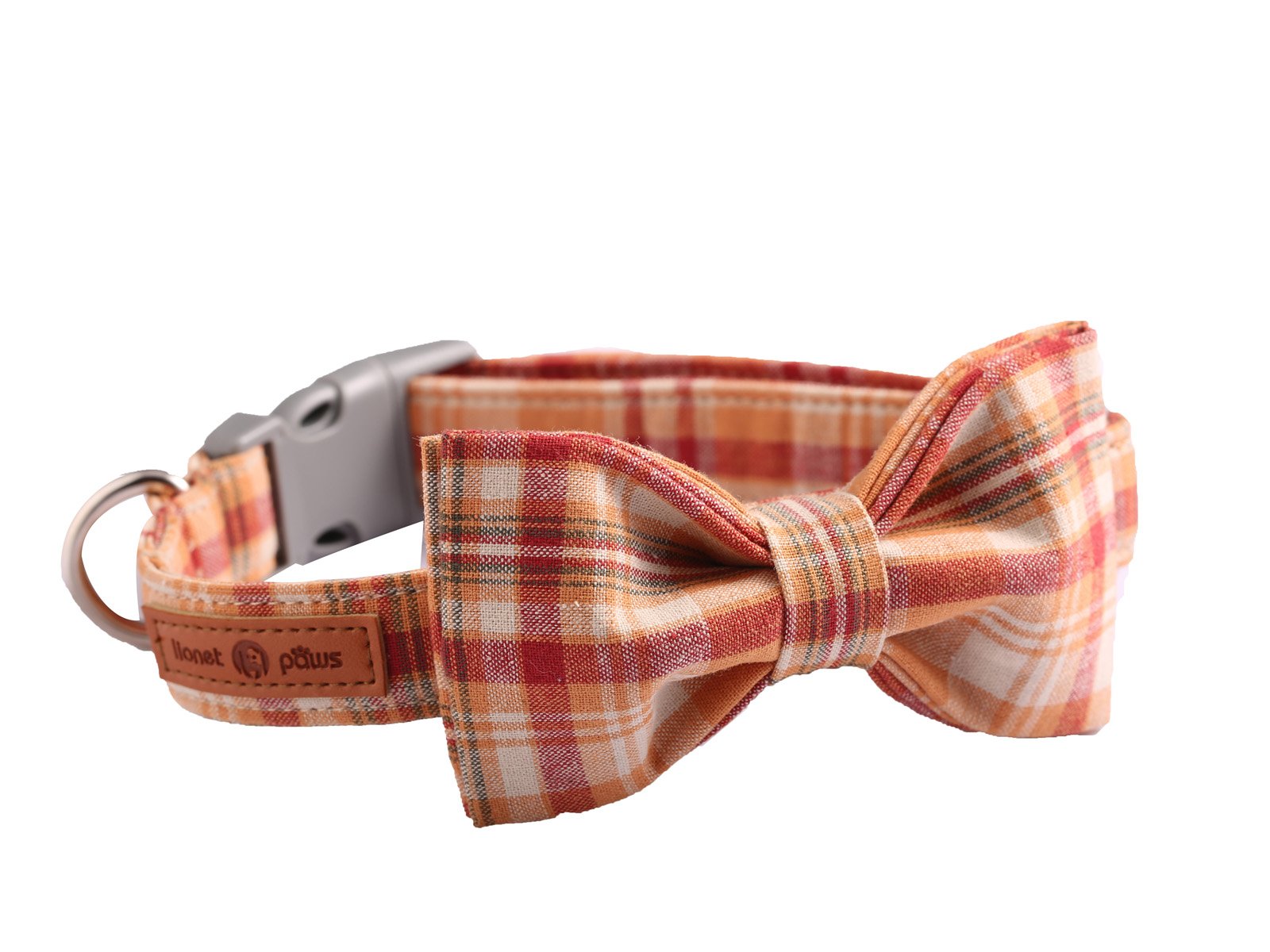 Lionet Paws Cat and Dog Collar with Bowtie,Orange Plaid Cotton Collar with Plastic Buckle,Adjustable Collars for Small Dogs and Cats,Neck 10-16in