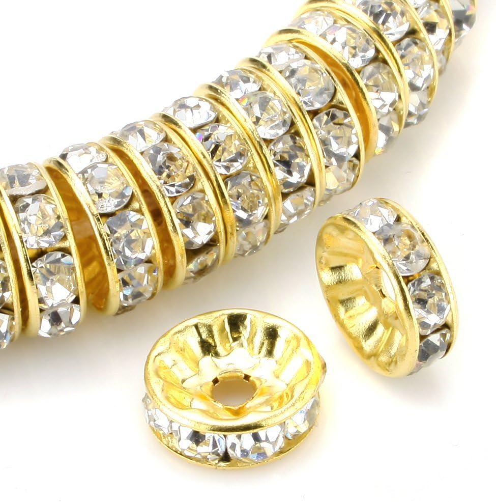 RUBYCA 100pcs Round Rondelle Spacer Bead Gold Tone 4mm White Clear Czech Crystal