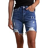 HUUSA Women's High Waist Ripped Denim Shorts Frayed Hem Destroyed Mid Thigh Short Jeans Casual Bermuda Shorts with Pocket
