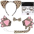 Leopard Costume Set,Leopard Print Face Stickers and Cat Ears Headband Bow Tie Tail and Leopard Gloves for Halloween Leopard Animals Cosplay Accessories