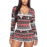 Piacakece Women Christmas Pajamas One Piece Bodycon Romper Shorts V-neck Long Sleeve Jumpsuit Pjs Playsuit