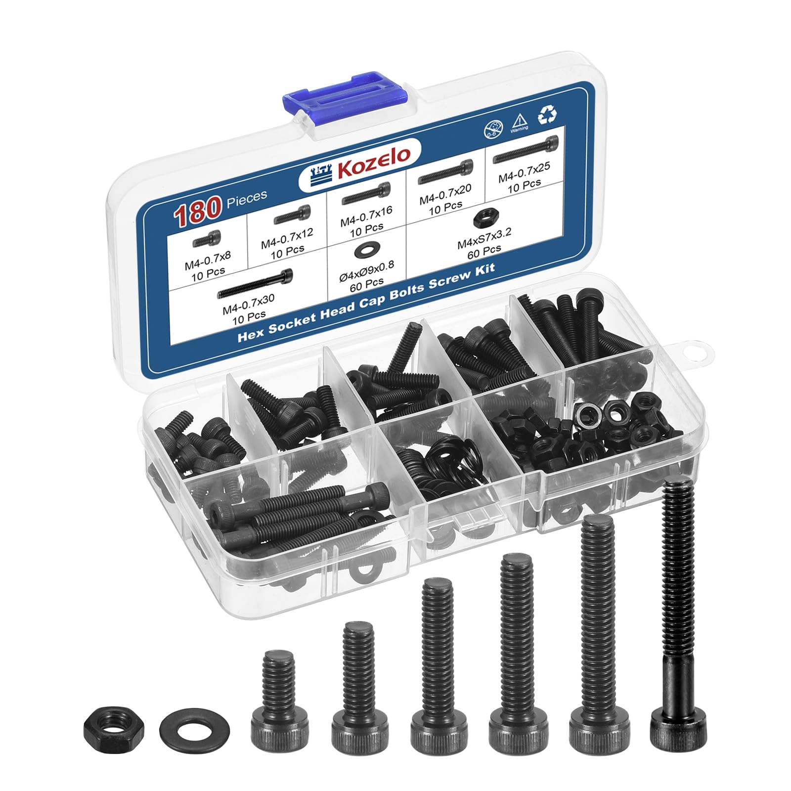 Kozelo 180pcs M4 Socket Head Cap Screws Bolts Nuts Assortment Kit - [M4x8/12/16/20/25/30mm] Alloy Steel Fully Threaded Black Oxide 12.9 Internal Hex Screw for 3D Printer Use