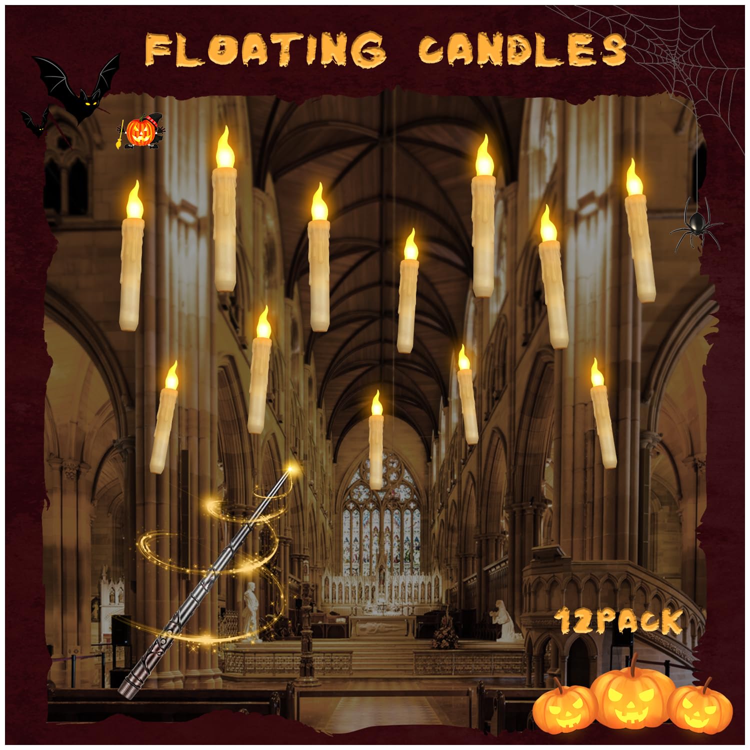 Photo 1 of Floating Candles with Wand Remote, Magic Floating Halloween Candles, Flameless LED Flickering Witch Decor Hanging Candles for Halloween Christmas Birthday Party Room Ceiling Decorations, Pack of 12