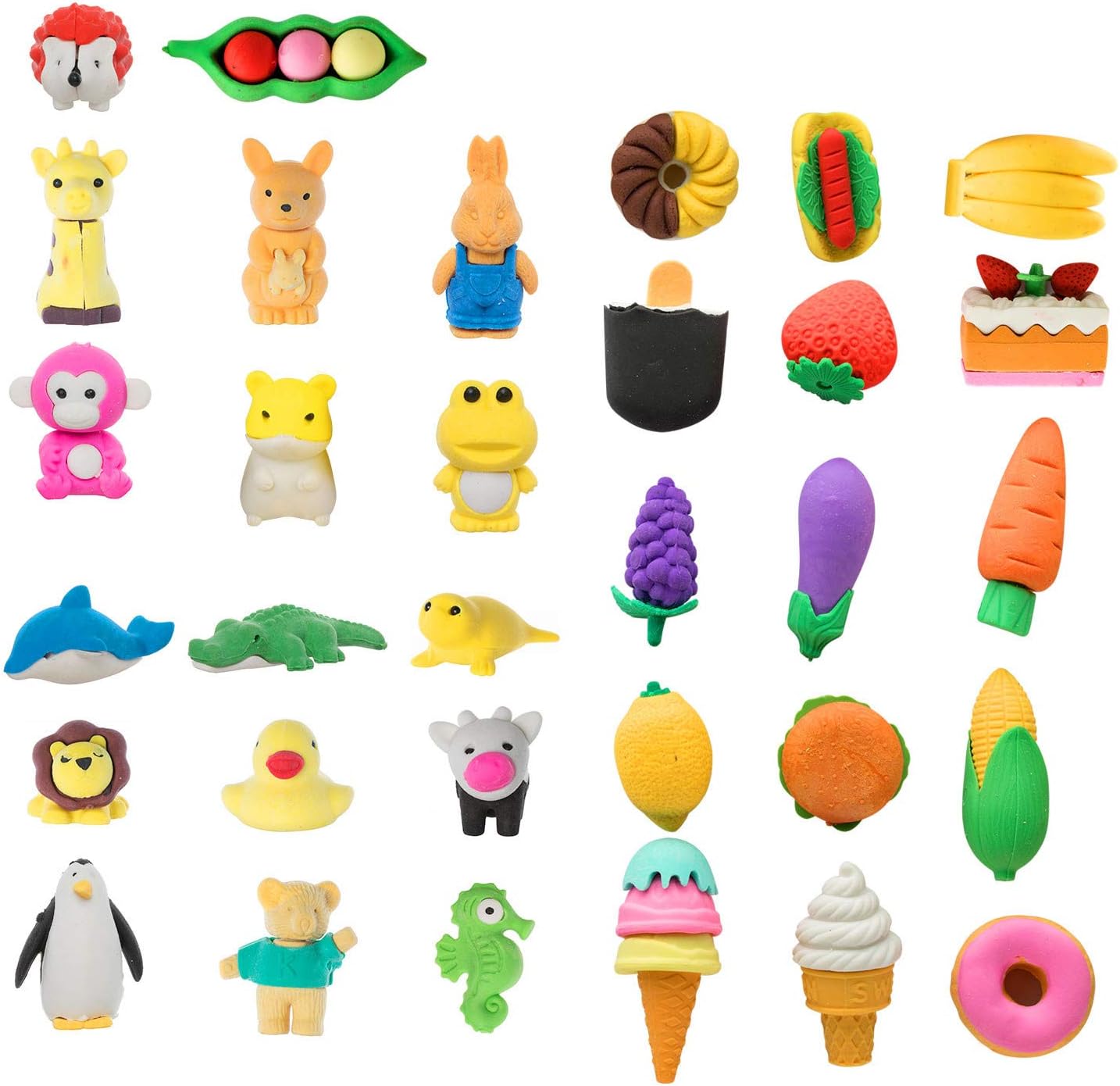 Lanboon 32 Pack Animal Pencil Erasers and Food Erasers, Pencil Erasers Assorted Animal Cake Fruit Vegetable Dessert Erasers Toys for Party Favors, School Classroom Rewards, Puzzle Toys