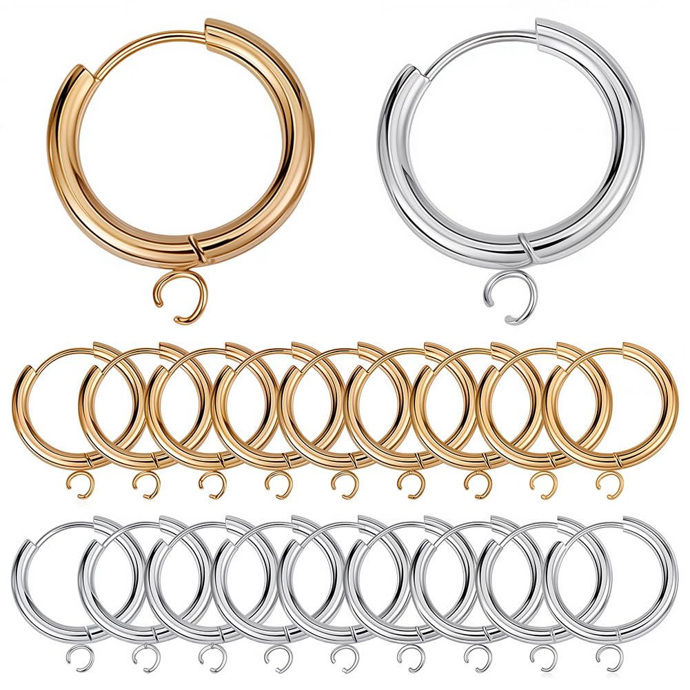 SUNNYCLUE 1 Box 12Pcs Huggie Hoop Leverbacks 18mm Leverback Earring Findings Real 24K Gold Plated Stainless Steel Lever Back Earring Hooks Round Hinged Hoops Earrings Hook for Jewellery Making Craft