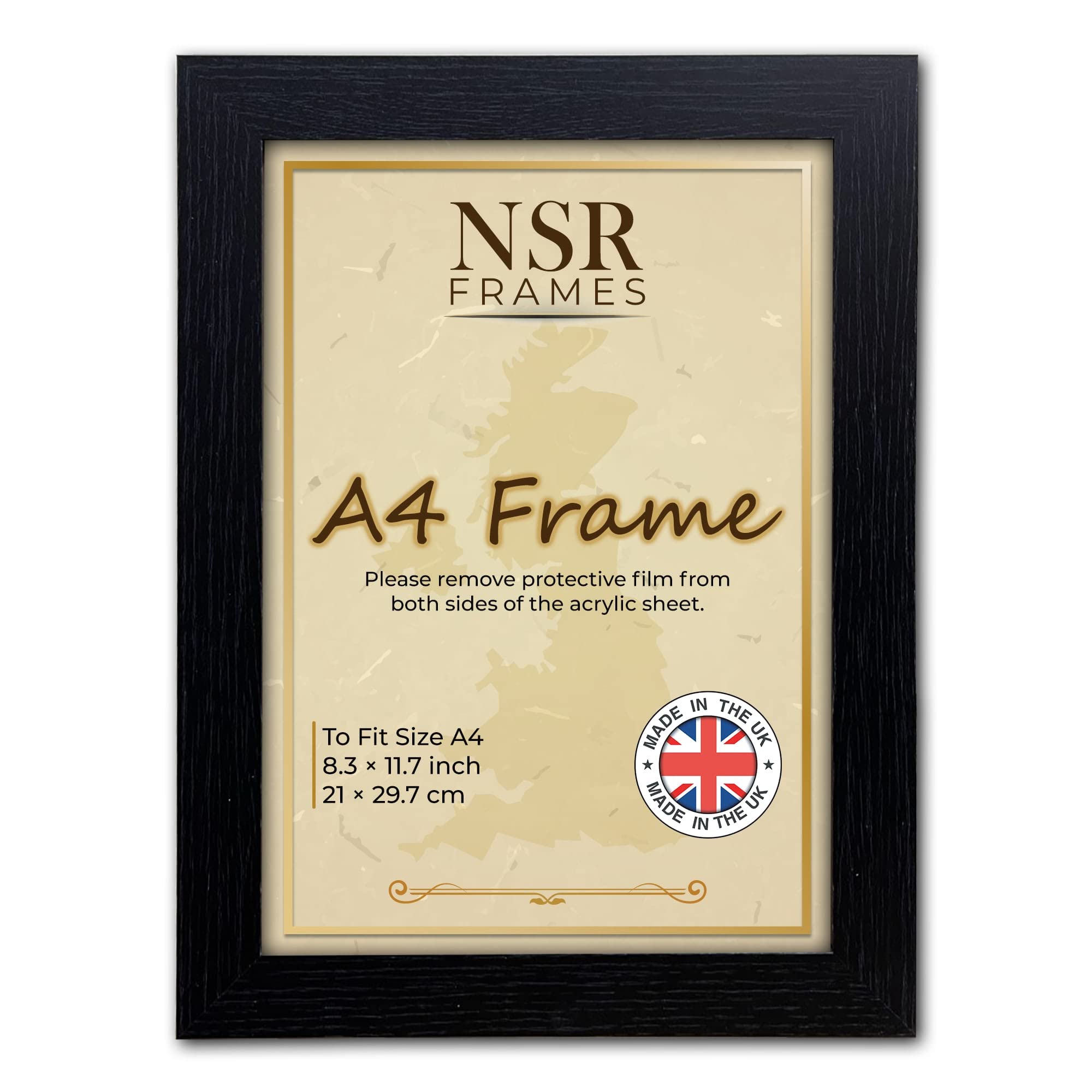 8.3 x 11.7 Inch A4 Black Picture Photo Frame (21x29.7 cm) - Flat Wall Mount Hang Hooks & Free Tabletop Stand Poster MDF Wooden Portrait/Panoramic Clear Acrylic Display