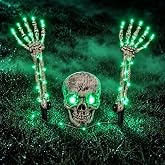 Cuvowise Halloween Decoration Outdoor, 3-Piece Green LED Skeleton Stake Set | Battery-powered skull and two arm stakes create a glowing graveyard scene with purple LEDs and eight lighting modes.