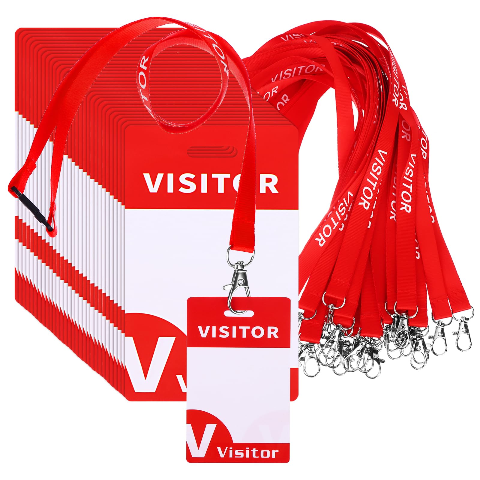 30 Pack Red Visitor Badge Lanyards Volunteer Lanyards Badge Holder with Clips ID Card Holder Lanyard with 30 PVC Pass Card Reusable Breakaway Lanyard Visitor PVC Pass Card