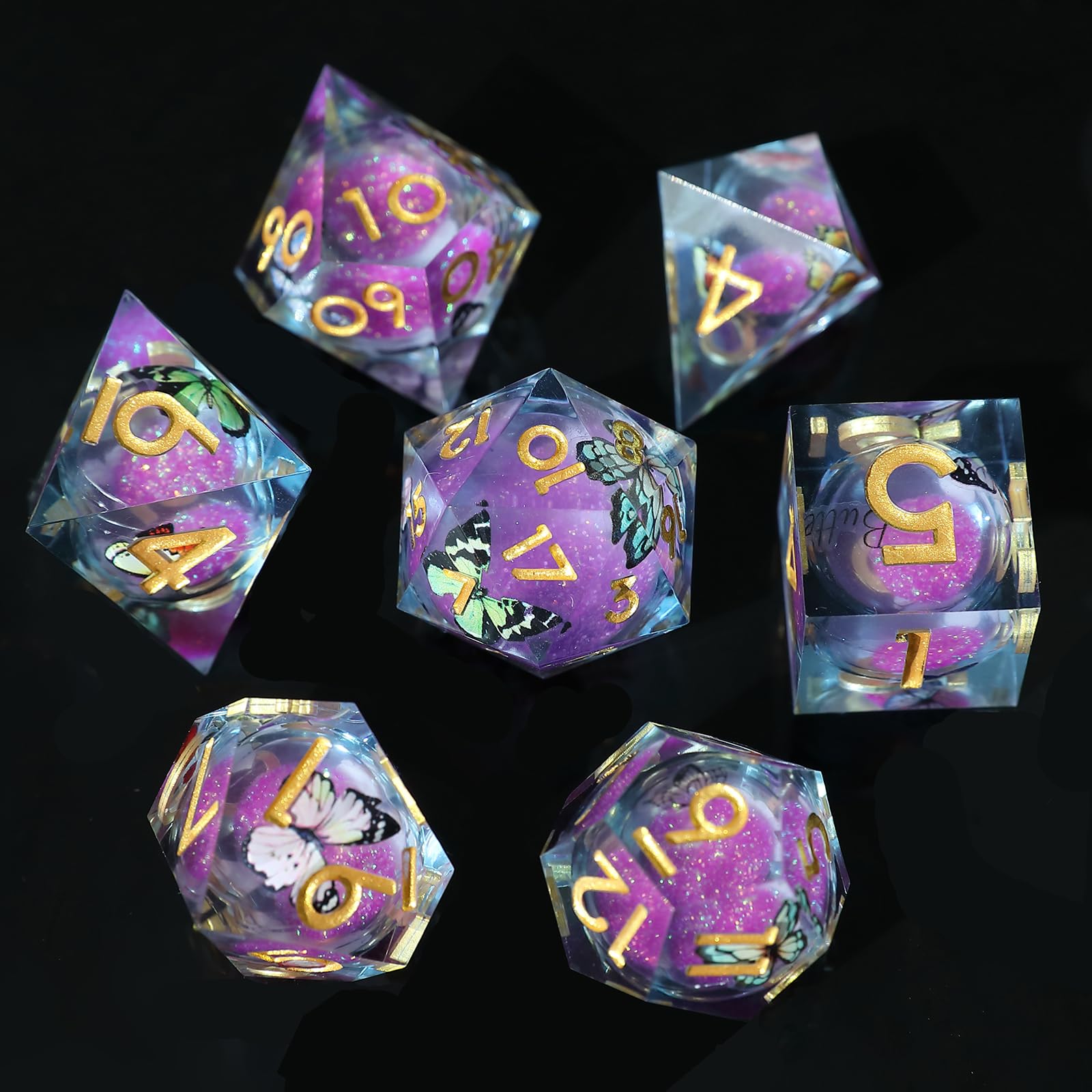 Liquid Core 7 piece Resin Polyhedral Dice Set - Dungeons & Dragons RPG Set, Butterfly Themed Dice With D20, D12, D10, D8, D6, D4 — image 1