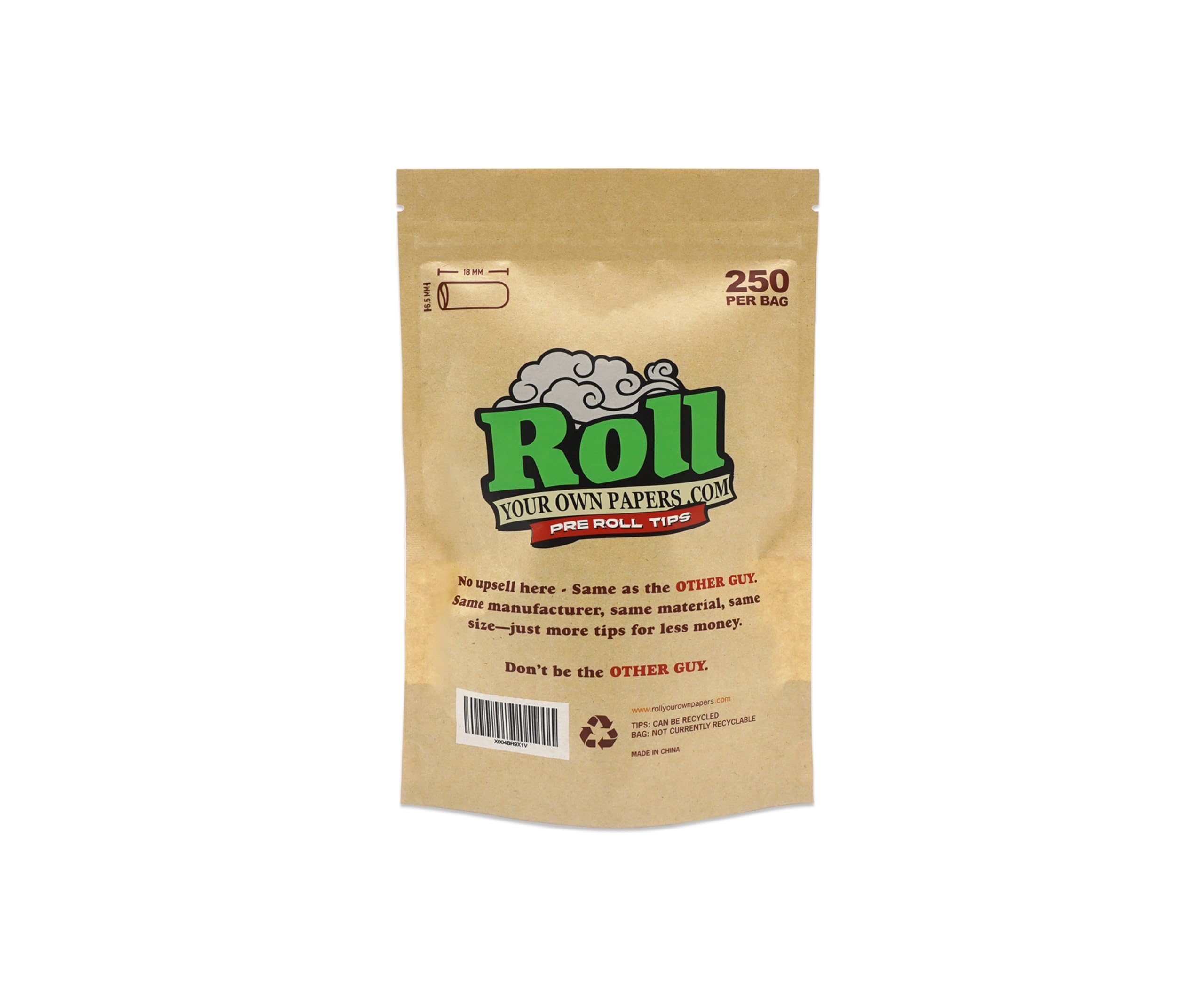 Natural Unbleached Pre-Rolled Filter Tips, Ø6.5mm - 1 Bag of 250 Tips