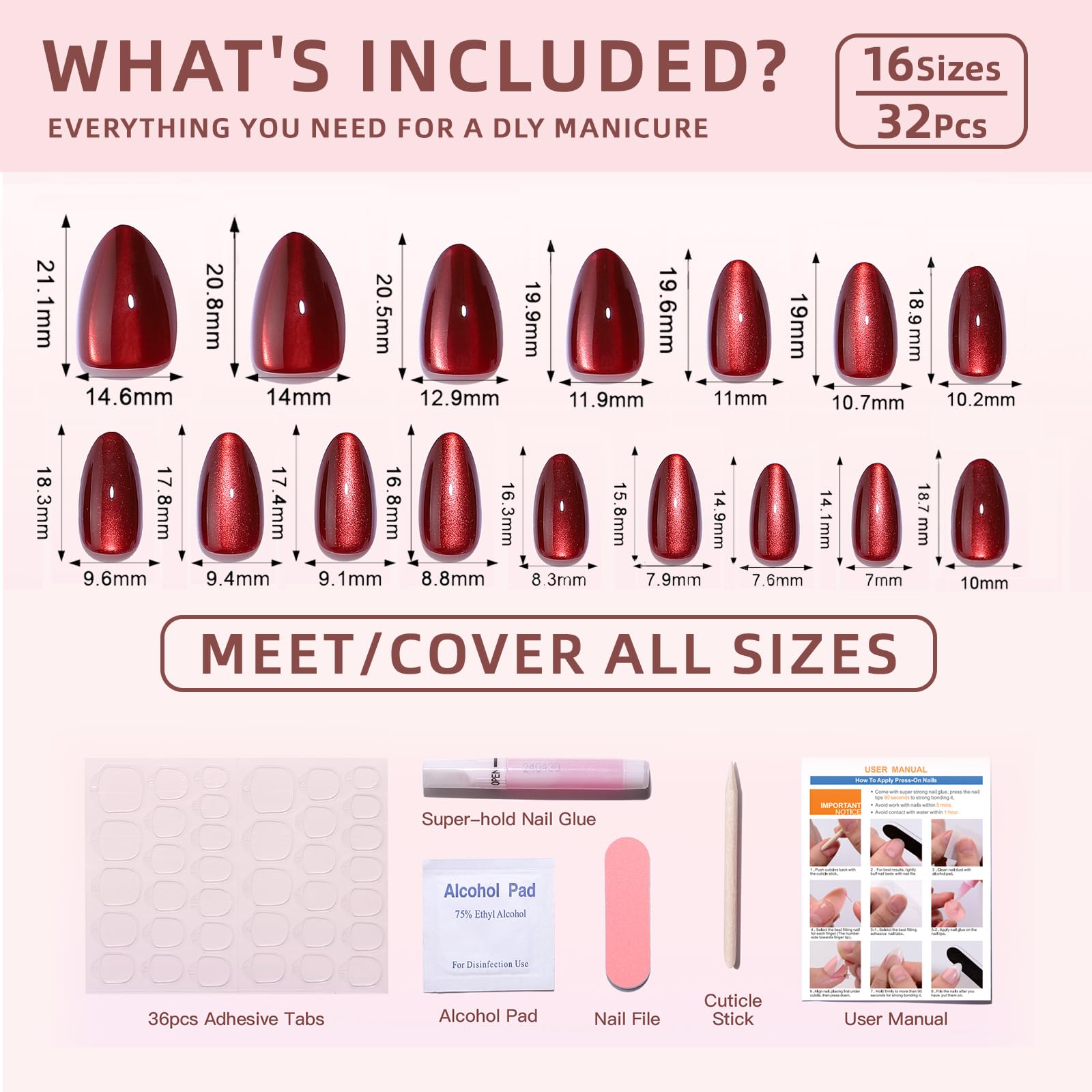 CUZIAM Red Magnet Cat Eyes Press on Nails Short Almond, Aurora Mirror Red Soft Gel Stick on Nails with Nail Glue, 32pcs 16 Sizes Glossy Glitter Reusable Nails for Her Cat Eye Red - Image 6