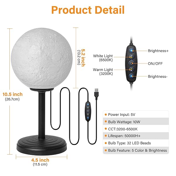 JIMIMORO MOON LAMP LED NIGHT LIGHT – DIMMABLE BEDSIDE LAMPS SMALL MODERN BEDROOM LAMP LED DESK LIGHT WITH 25 LIGHTING MODES 3D PRINTED REALISTIC MOON SURFACE – PERFECT FOR GIRLS BOYS KIDS BIRTHDAY