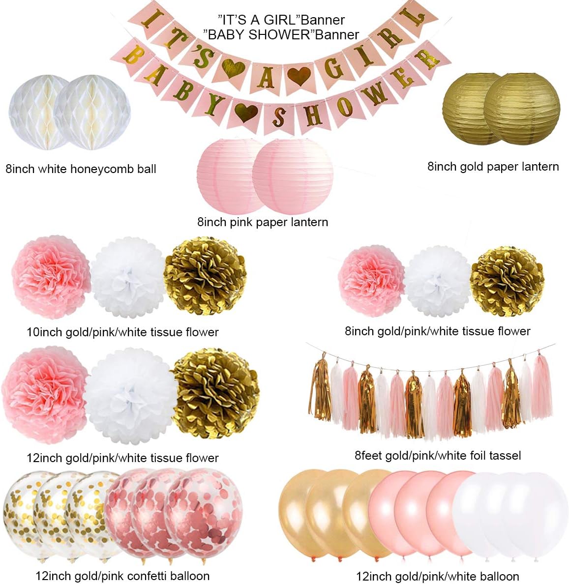 Baby Shower Decorations for Girl - Pink and Gold Baby Shower Decoration It’s A girl & Baby Shower Banner with Paper Lantern Pompoms Flowers Honeycomb Ball Balloons Foil Tassel: Toys & Games