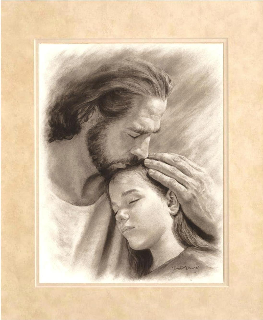 My Child Matted Wall Art Print Jesus Christ Kissing Child by David Bowman Religious Spiritual Christian Fine Art (Cream Matte 16"x20") Ready To Frame