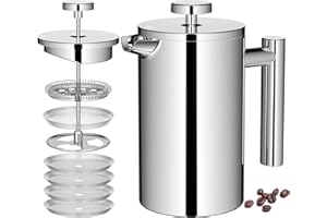 Miuly 21oz Stainless Steel French Press Coffee Maker, 600ml Coffee Press with 3 Level Filtration System, Double Wall Insulated French Press with 4 Filters and 1 Metal Spoon