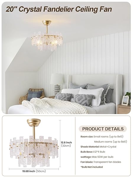 CELAVIEIOP 20″ GOLD FANDELIER CEILING FAN WITH LIGHT,GOLD CRYSTAL CHANDELIER CEILING FANS WITH LIGHTS AND REMOTE CONTROL,MID-CENTURY MODERN CAGED WITH 6 SPEEDS FOR LIVING ROOM BEDROOM NURSERY