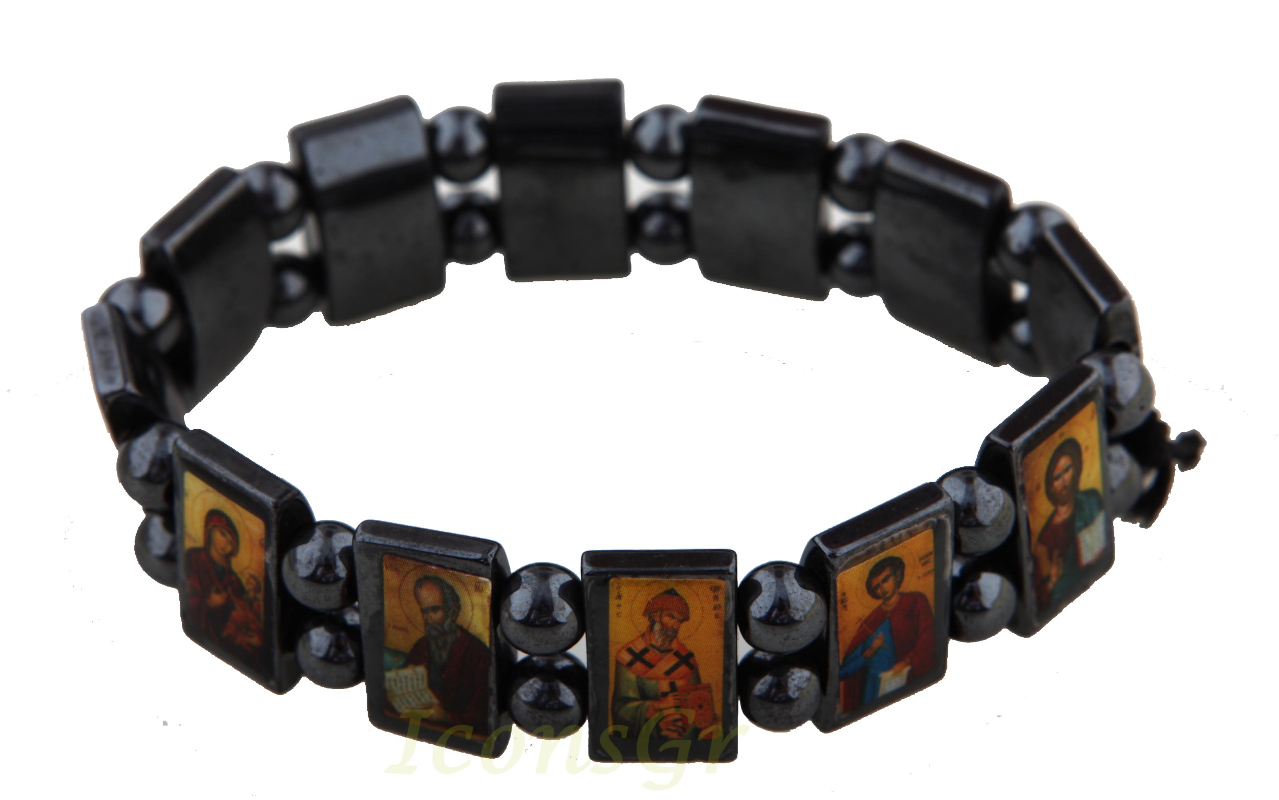 IconsGr Christian Orthodox Greek Religious Hematite Bracelet with Saints