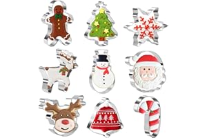 Christmas Cookie Cutters Set - 9 PCS Snowflake,Gingerbread Man,Christmas Tree,Snowman,Reindeer Head,Bell,Santa Face,Reindeer,