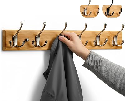 LARHN Wall-Mounted Coat Rack 6 Matt-Nickel Triple Hooks Bamboo Base 59 cm