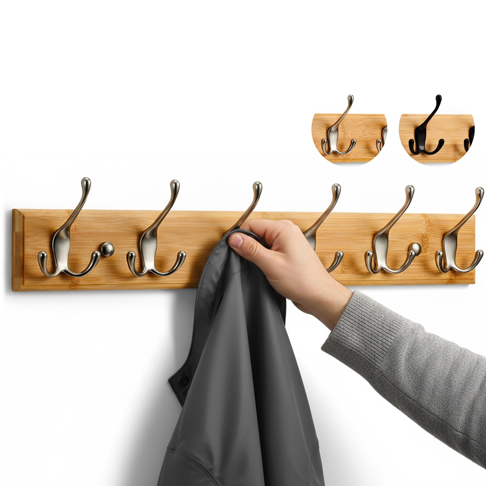 LARHN Wall-Mounted Coat Rack - 6 Matt-Nickel Triple Coat Hooks for Wall on Stylish Wooden Bamboo Base - 59 cm - All Fixings Included