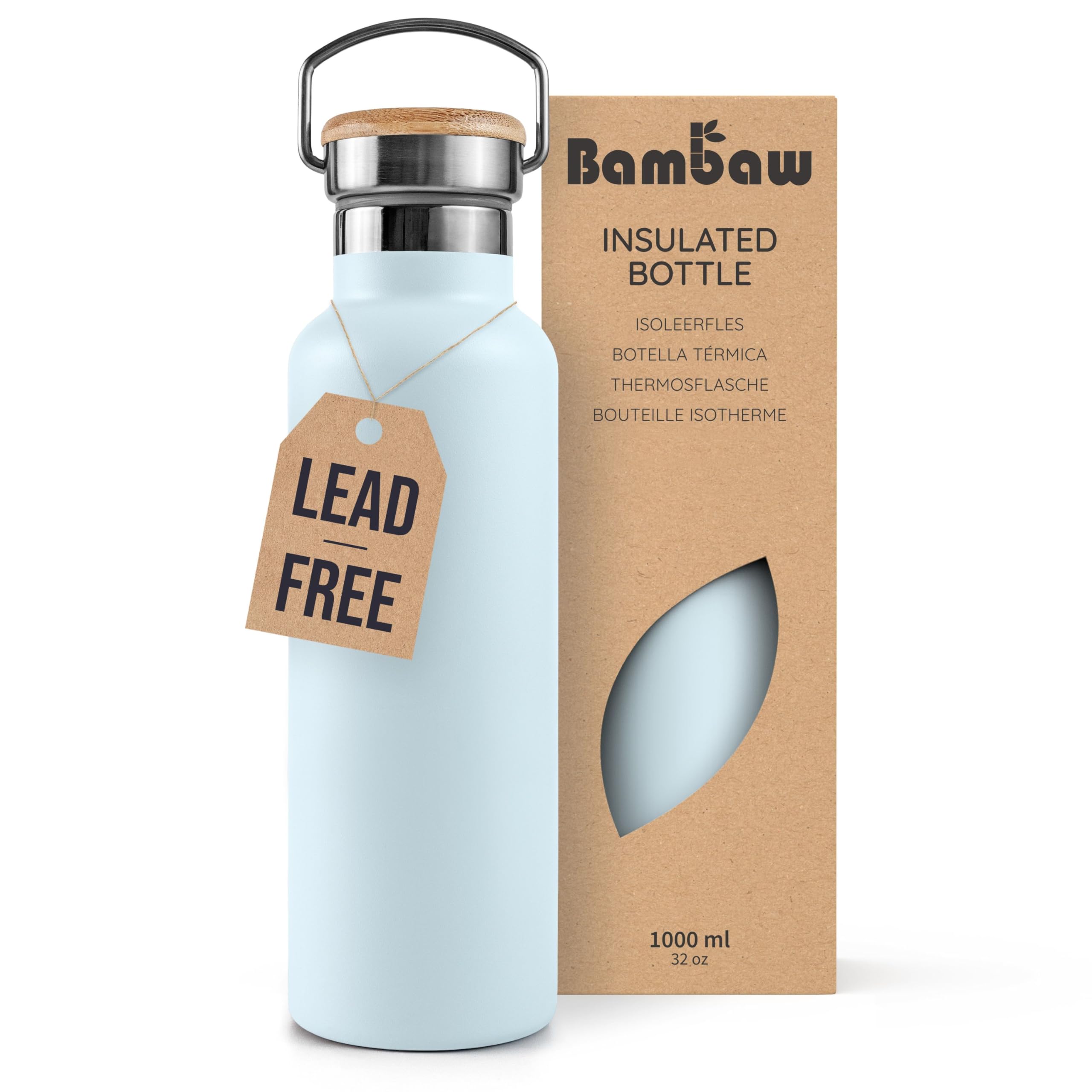 Bambaw Insulated 1l Water Bottle Metal, High-Grade Stainless Steel Water Bottle 1000ml for Hot & Cold Drinks, Durable, Leak-Proof & Easy to Carry to Gym, School or Outdoors (Ice Blue)