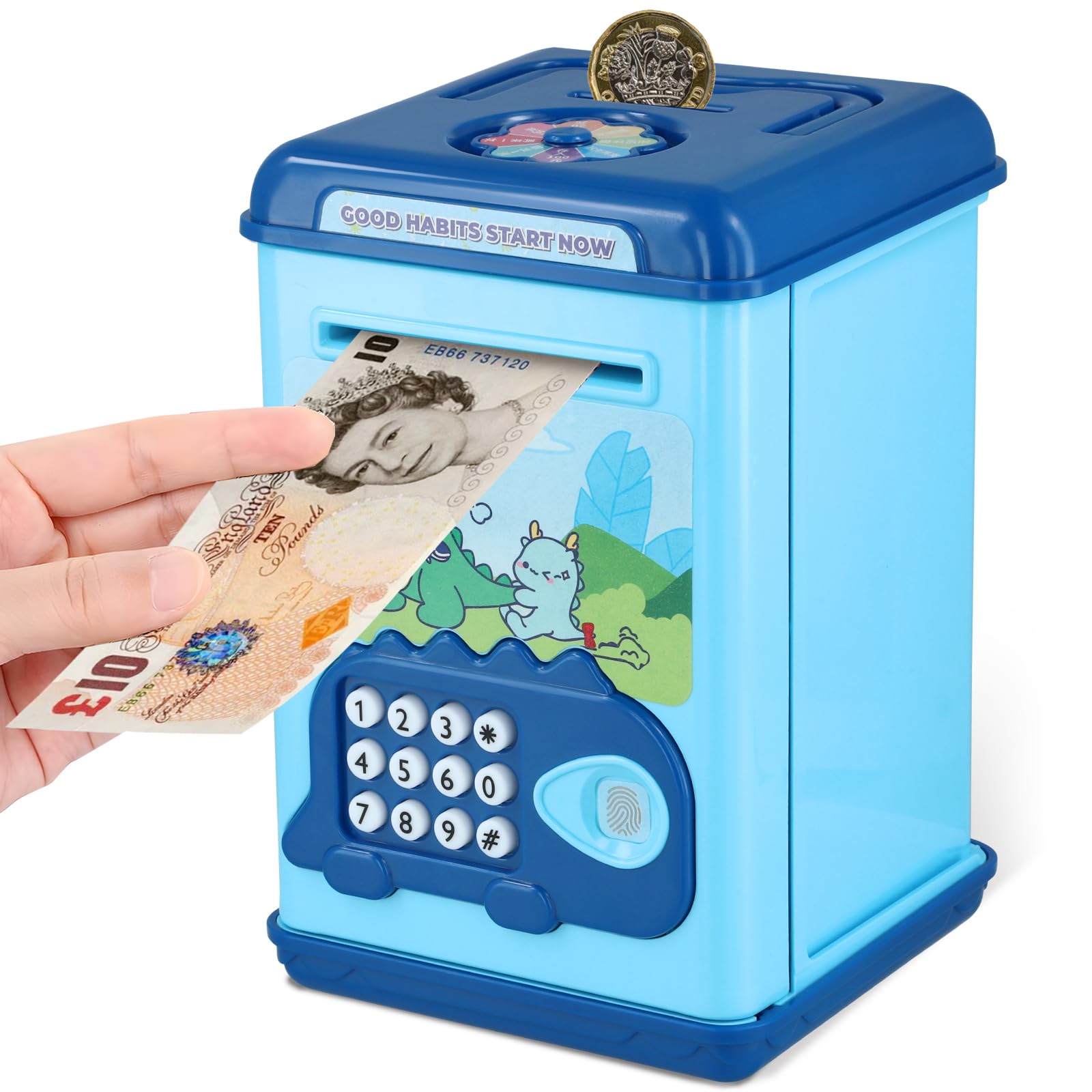 Cartoon Piggy Banks for Kids, Electronic ATM Password Cash Coin Saving Can with Password Face/Fingerprint Recognition Unlocking, Auto Scroll Paper Money Saving Box Toy Gifts for 3+ Boys Girls (blue)