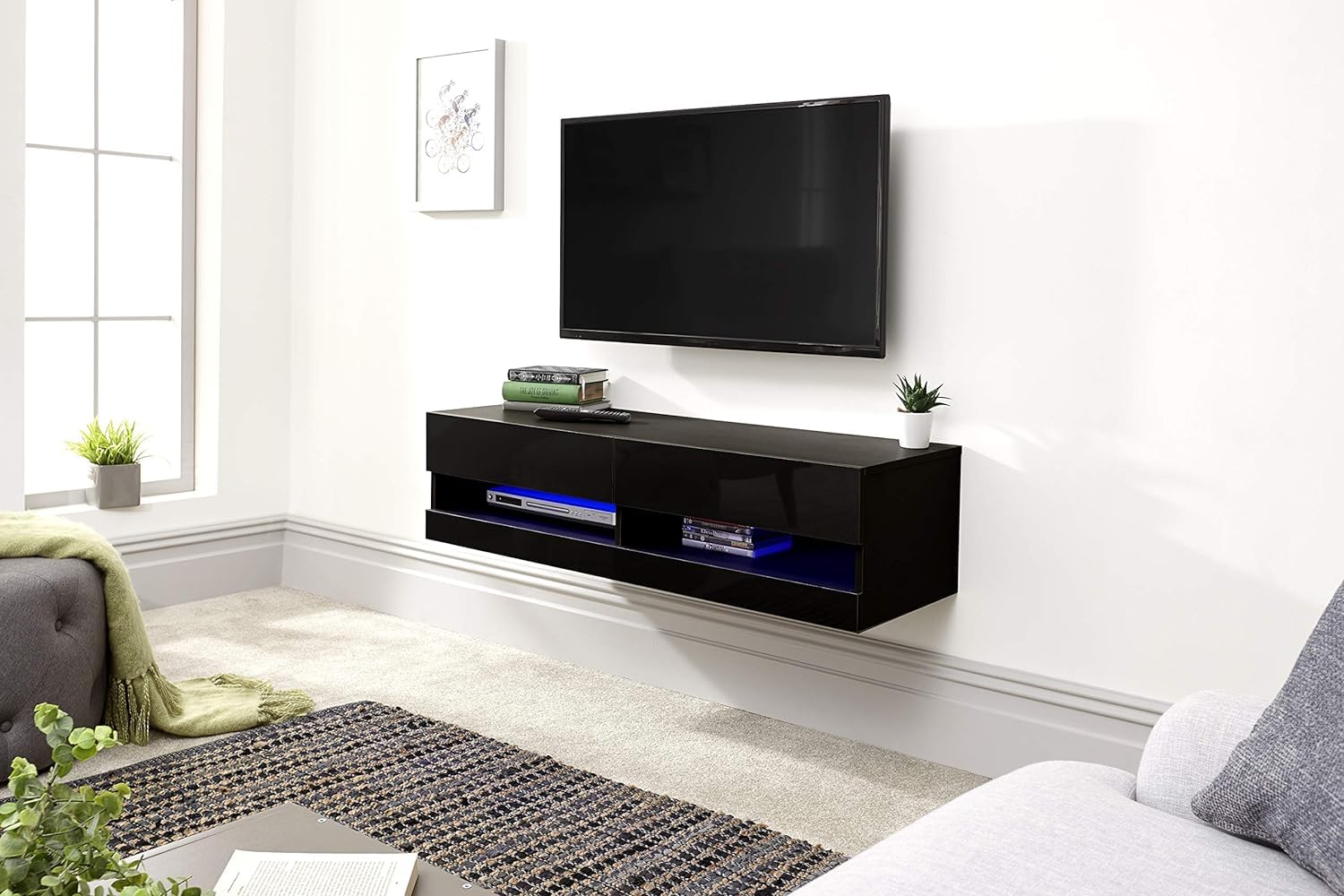 GFW Galicia Wall Mounted High Gloss Featuring A LED Downlight, This Floating TV Unit Console & Television Stand for Living Entertainment Room with Storage Shelves, Engineered Wood, Black, 120cm