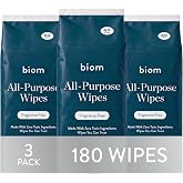 biom All Purpose Cleaning Wipes, Fragrance Free, 60ct, 3-Pack, 8" Refill | Plastic-free wipes with a plant-based formula, safe for use on skin and surfaces, for kitchen counters and everyday spills