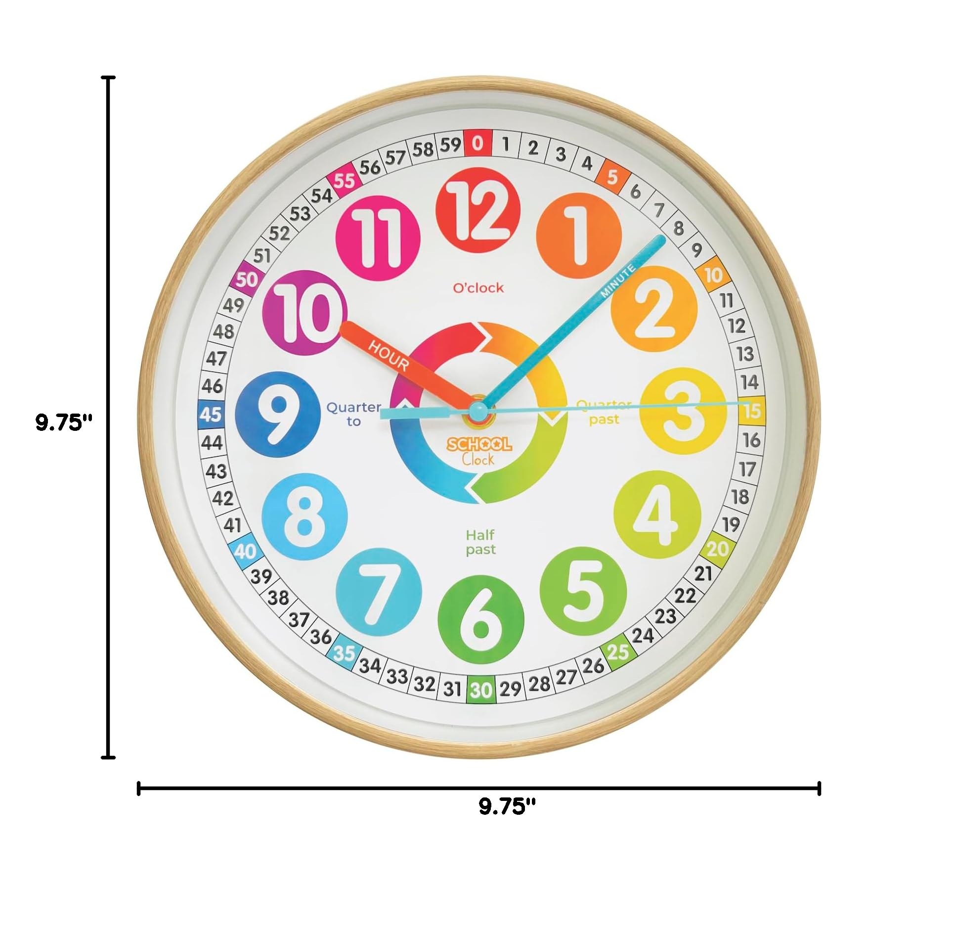 Preschool Collection Color Clock - Time Teacher 10 Inch Educational Silent Wall Clock with Colored Numbers - Easy to Read Analog Dial for Teacher's Classrooms, Kid's Bedroom & Children Playroom