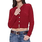 Balimtoy Women Cable Knit Cardigan Cropped Long Sleeve Crew Neck Button Down Sweater Cardigans Cute Y2k Fall Jackets