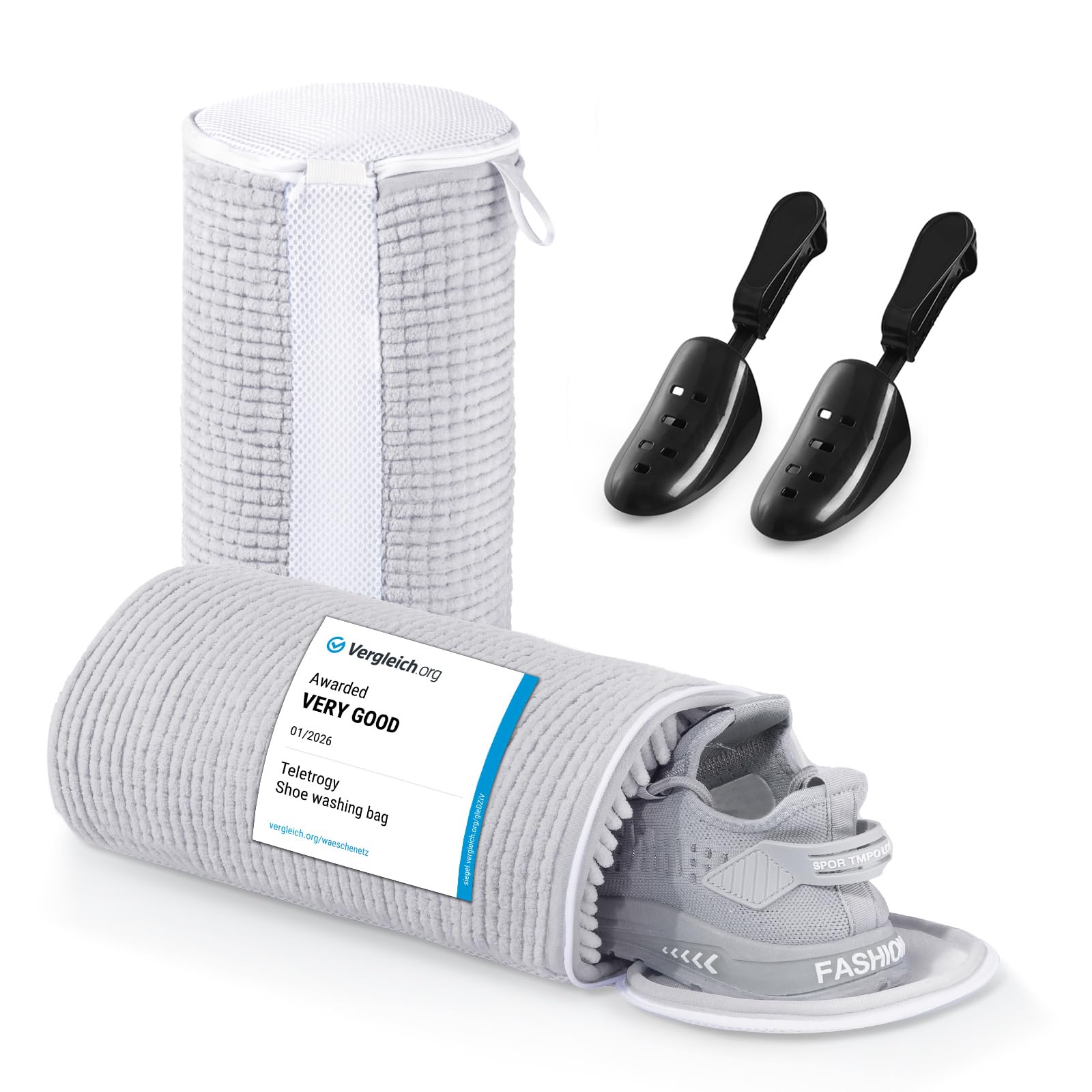 Teletrogy Shoe Washing Machine Bag 2Pcs, Fluffy Fibers Keep 360° Wrap-around Cleaning, 1 Pairs Adjustable Shoe Trees, trainer Laundry Bag with Durable Hidden Zipper Sneaker Cleaning Bags, Gray