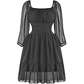 PUKAVT Women's Summer Dresses 2026 Square Neck Tie Back 3/4 Lantern Sleeve Vintage Chiffon Short Dress