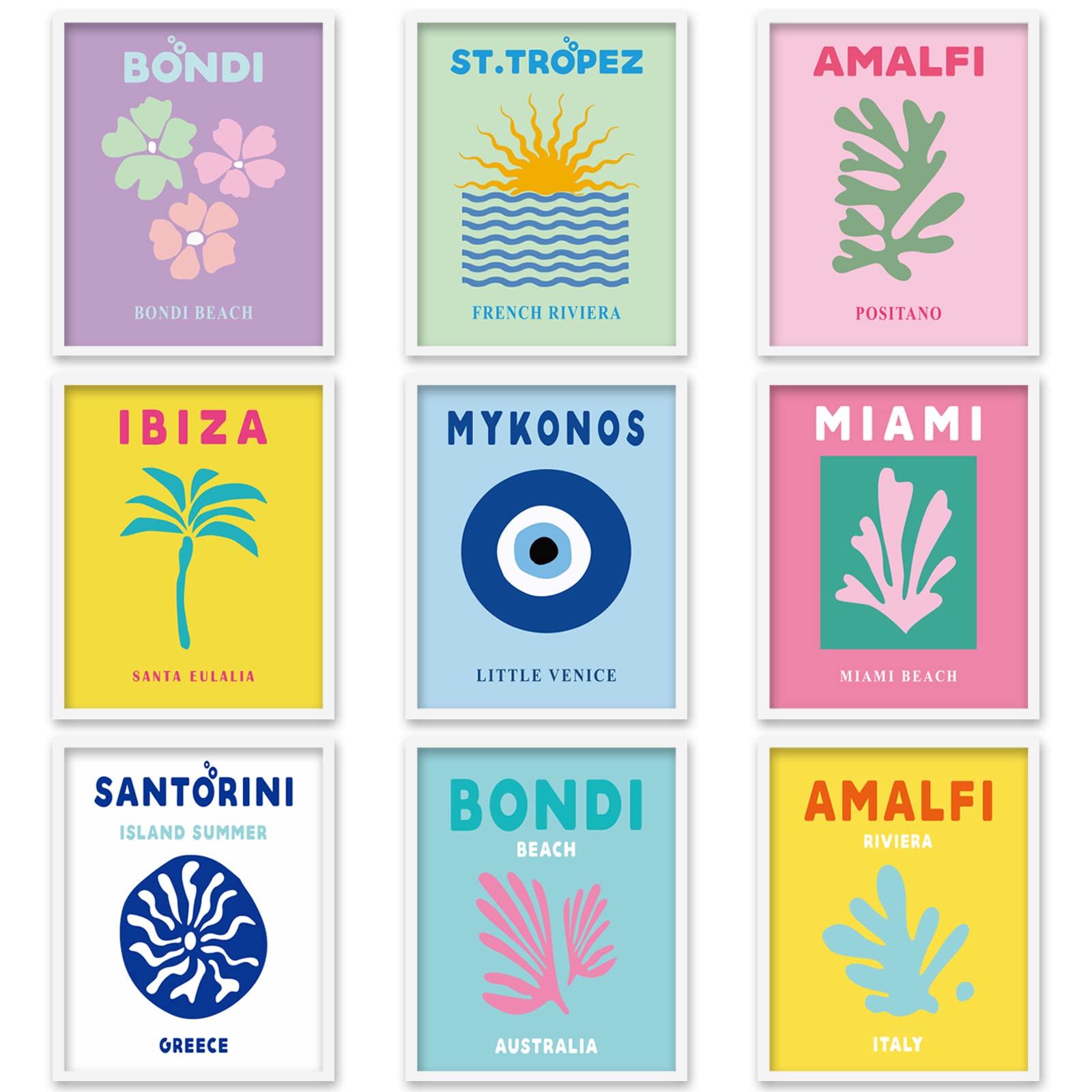 Whaline 9Pcs Preppy Travel Wall Art Prints Abstract Aesthetic Preppy Room Decor Colorful Minimalist Unframed Art Poster Decor for Living Room Teen Girls Bedroom College Dorm Decor, 11 x 14 Inch