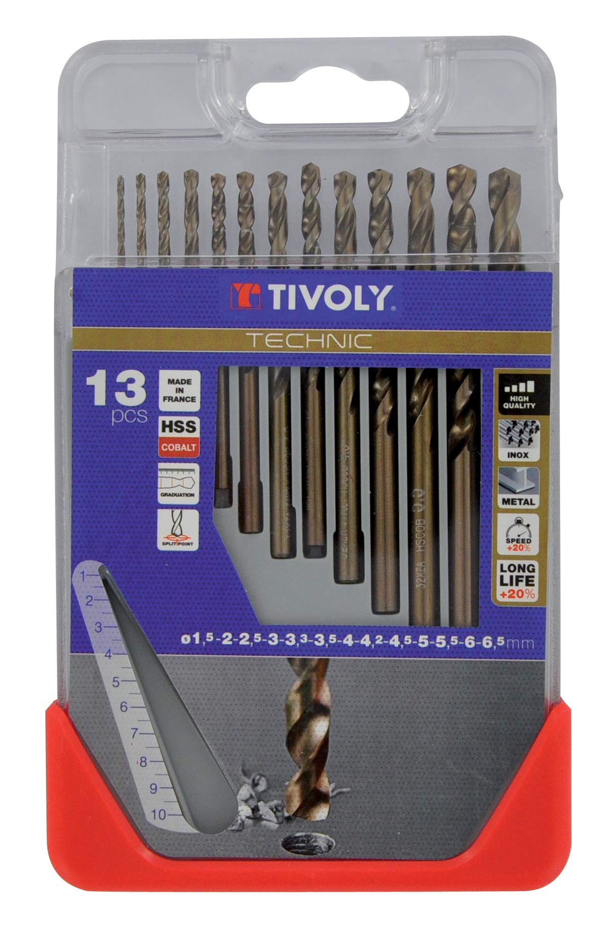 Tivoly 11468570006 Clipster Set of 13 Metal Drill Bits HSS Cobalt Technic Diameter 1.5 to 6.5 mm + 3.3 mm + 4.2 mm