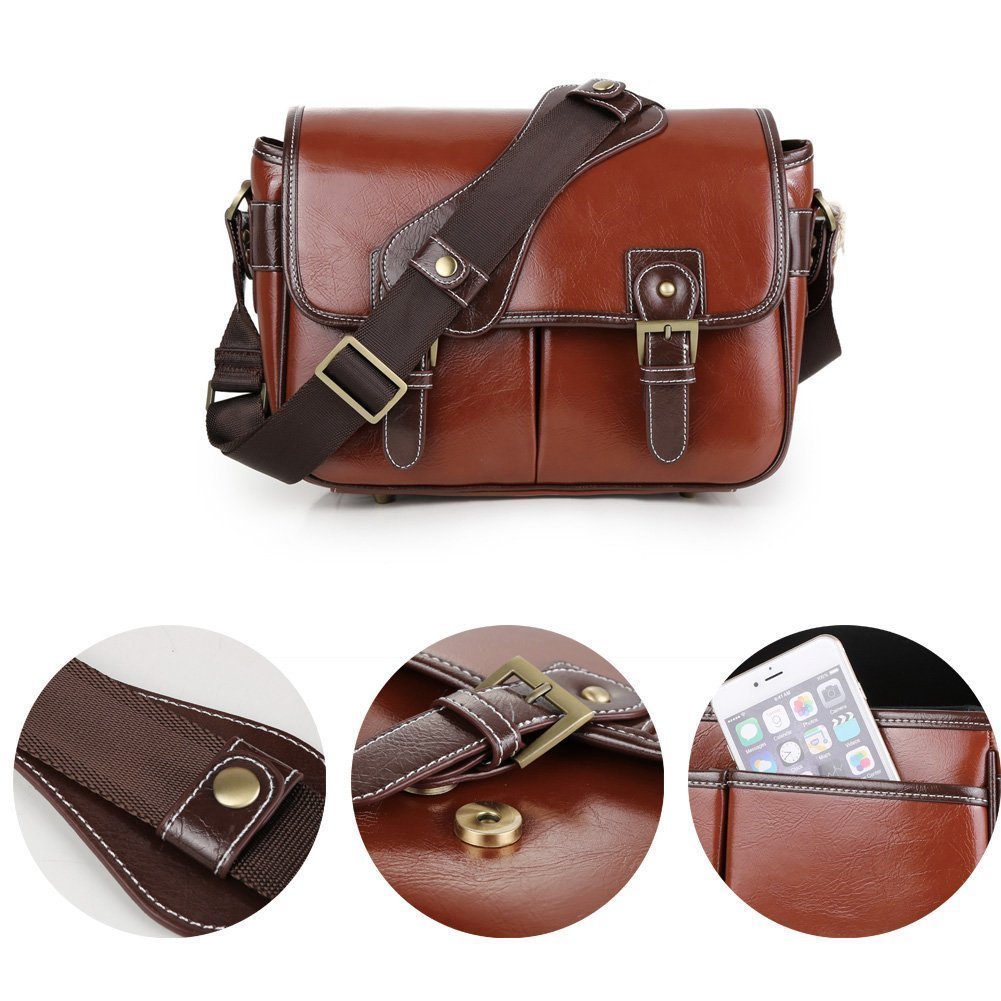 Beaspire Camára Bolsa Bandolera Impermeable de Cuero Sintético Mensajero Funda Protector para 1 DSLR Cámara con 2 Lentes para Canon Sony Nikon Olympus de Viajes (Marrón Oscuro)