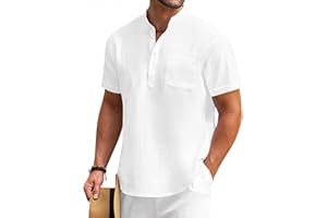 COOFANDY Men's Cotton Linen Henley Shirt Short Sleeve Hippie Casual Beach T-Shirts with Pocket