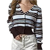 MakeMeChic Women's Striped V Neck Cardigan Sweater Long Sleeve Button Down Y2K Vintage Crop Knit Top